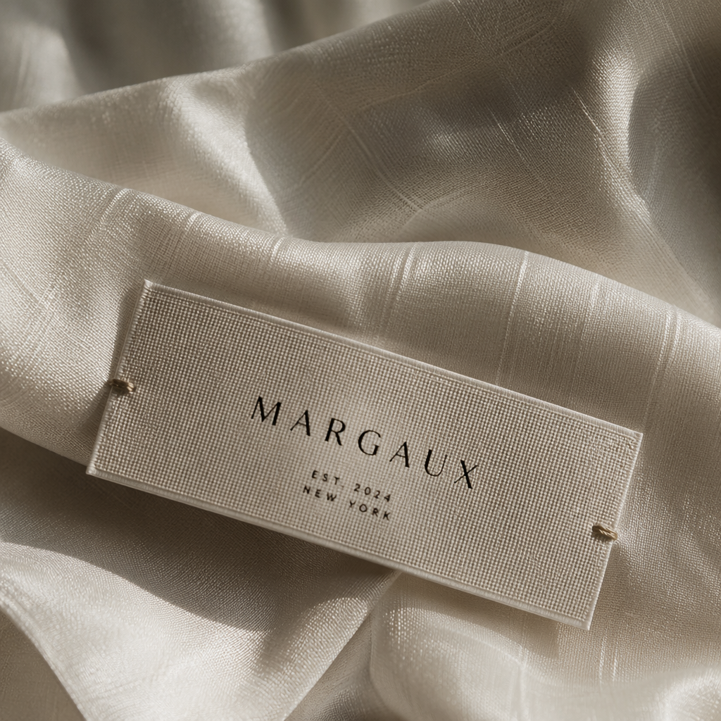 A close-up of a beautifully woven clothing label on a linen shirt