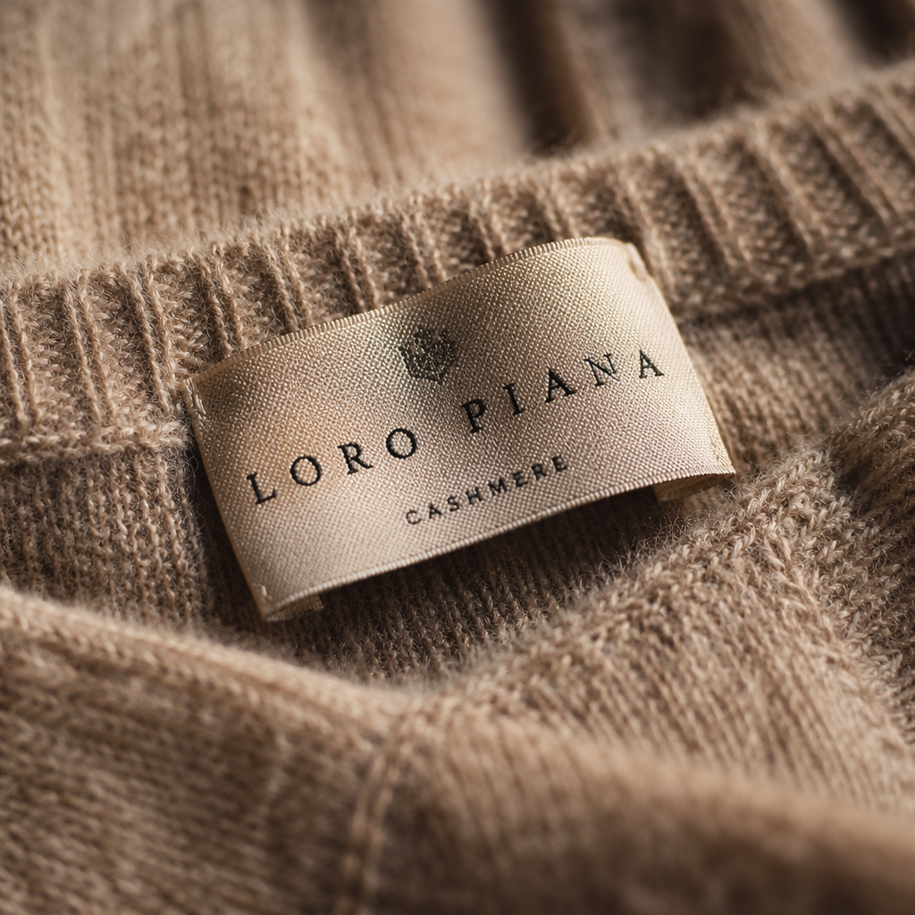 A close-up of a soft, woven label on a silk garment, fingers gently touching the edge